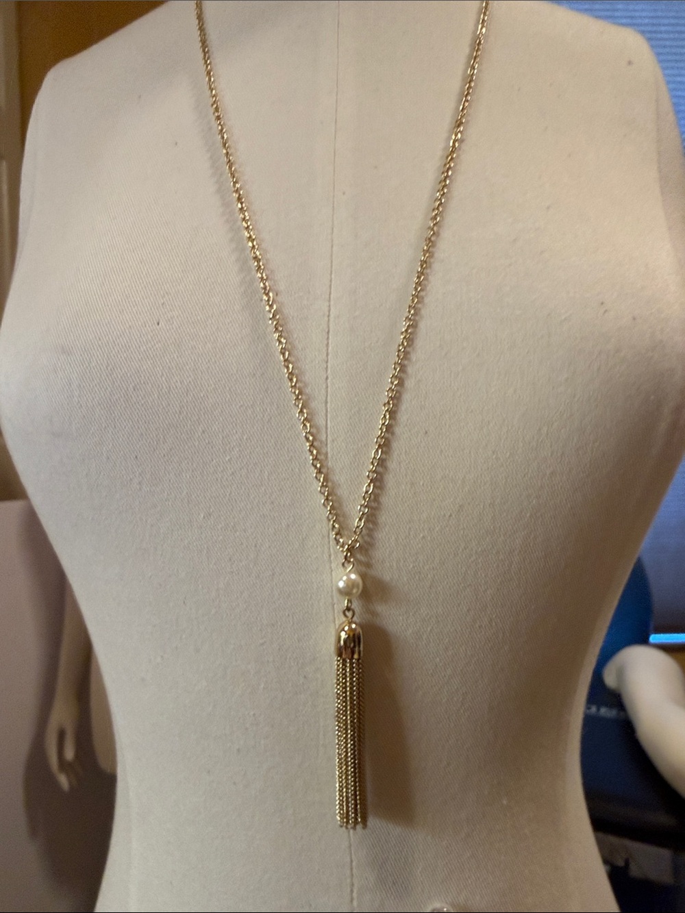 J. Crew Factory Gold Tassel Necklace with Pearl Accent